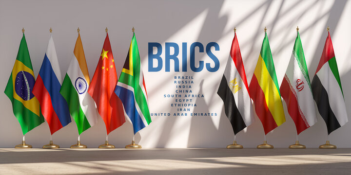 BRICS summit or meeting concept. Row from flags of all members of BRICS list of countries.