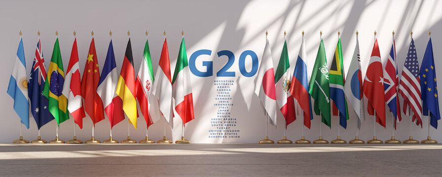 G20 summit or meeting concept. Row from flags of all members of G20 Group of Twenty and list of countries.