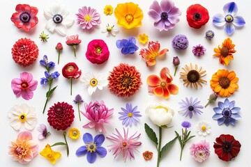 An overhead view of flowers with full depth of field in the photograph. Big set of different colorful flowers isolated on white background. flat layout. generative ai