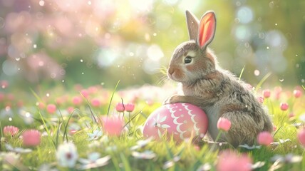 Fototapeta na wymiar Image of a rabbit sitting on an Easter egg Easter concept, cute animals 