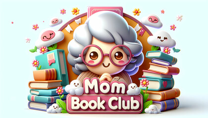 3D Icon: Mother's Day Book Club Poster with Books and Reading Glasses on White Background