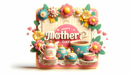 Mother's Day Tea Party Poster with Teacups and Floral Patterns on a White Background - 3D Icon Poster Design for Mother's Day Celebration
