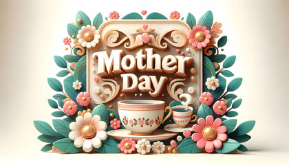 Mother's Day Tea Party Poster with 3D Icons, Teacups, and Floral Patterns