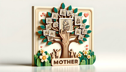 3D Icon: Mother Legacy Tree Poster with Family Photos as Leaves, Mother's Day Theme on White Background