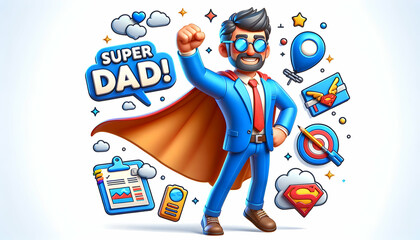 Super Dad: A 3D Icon Comic Book-Style Poster of a Dad as a Superhero, Showcasing Everyday Heroics for Father's Day, Isolated on White Background - obrazy, fototapety, plakaty