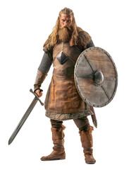 Viking warrior full body portrait holding a sword and shield in full armor