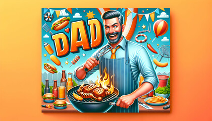 Vibrant Father's Day Poster: Ultra Realistic Photo of Dad's BBQ Expertise Celebrating with Fun and Energy
