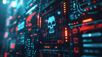 computer screen consisting of System hacked skull warning alert internet crime concept Cybersecurity .