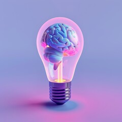 A 3D minimalist light bulb with a vibrant brain pattern, set against a calming pastel indigo background, denoting creative energy