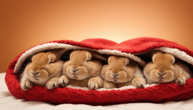 Multiple rabbits cozily nestled in a plush red Santa hat, with a warm orange backdrop.