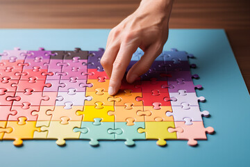 Hand placing a part of  colorful jigsaw puzzle