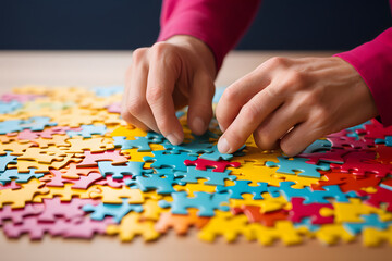 Hand placing a part of colorful jigsaw puzzle