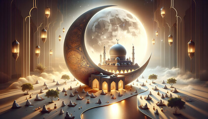 Photo ultra realistic as New Moon Beginnings: A poster depicting the new moon signifying the start of the Hijri year in Islamic New Year Day posters theme - obrazy, fototapety, plakaty