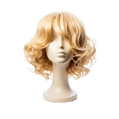 A blonde hair wig is attached to the statue isolated on white background