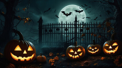 Halloween - illuminated orange pumpkins at night against the backdrop of a fence, a huge moon, old withered trees and many bats