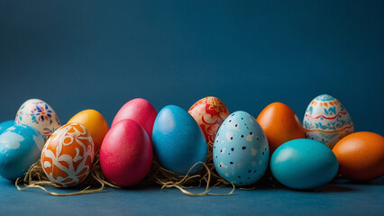 Multi-colored painted Easter eggs on a blue background