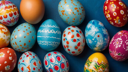 Fototapeta na wymiar Multi-colored painted Easter eggs on a blue background