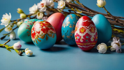 Multi-colored painted Easter eggs on a blue background with willow branches and flowers
