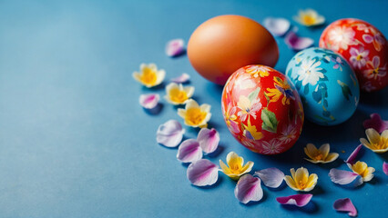 Easter colorful painted eggs on a blue background with wildflowers