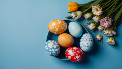 Multi-colored painted Easter eggs on a blue background with a bouquet of spring flowers
