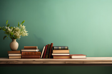 Empty wooden table surface with pile of books over green background