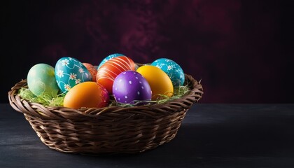 Fototapeta na wymiar A rustic wicker basket overflows with richly decorated Easter eggs, each boasting unique floral patterns on a moody backdrop.
