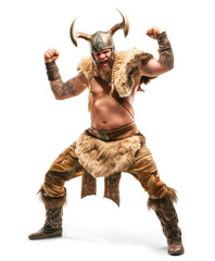 Viking berserker with horns full body portrait on isolated background