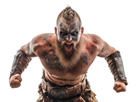 Nordic viking berserker with expressive expression on isolated background