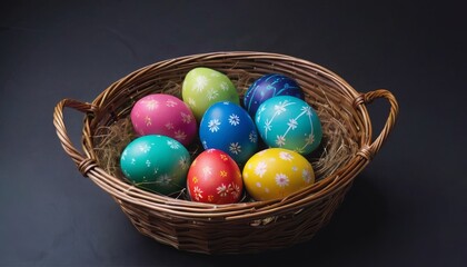 A festive array of intricately decorated Easter eggs nestled in straw within a traditional wicker basket, set against a dark background.