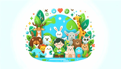 Wildlife Harmony: Celebrating Coexistence in a Simple Flat Vector Illustration for Earth Day