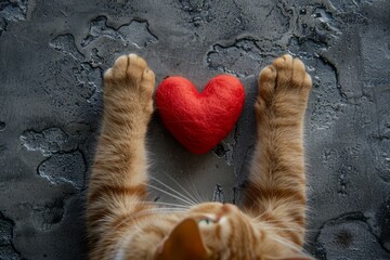 red heart between the red paws of a cat, on a gray background