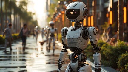 A robot explores a bustling urban park, blending futuristic tech with everyday life