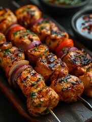 Fried meat, shish kebab on a grill on a skewer, a tasty but not healthy delicacy, with grilled...
