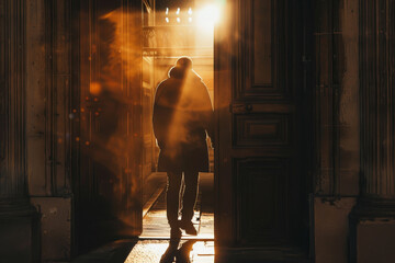 A man walks through a doorway in a dimly lit room. The light from the sun is shining through the...