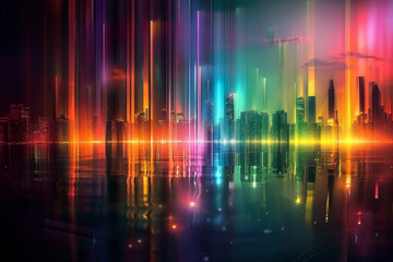 A colorful cityscape with a rainbow of lights reflecting on the water
