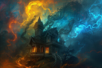 A house with a spooky vibe is surrounded by a stormy sky - obrazy, fototapety, plakaty