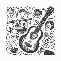 Children playing guitar and flute. Good for coloring book drsign