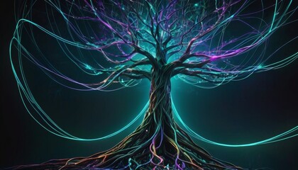A surreal tree bathed in neon lights stands in solitude during a mystical night, its branches weaving a dance of colors.