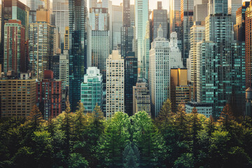 Fototapeta na wymiar A cityscape with a green forest in the background. The city is full of tall buildings and the trees are lush and green. Scene is peaceful and serene, with the contrast between the urban landscape