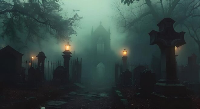 Ethereal Melody: Ghostly Silhouettes in a Misty Cemetery. Concept Misty Cemetery, Ghostly Silhouettes, Ethereal Melody, Haunting Beauty, Spooky Atmosphere