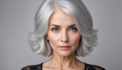 A poised elderly lady with striking silver hair and green eyes gazes forward, embodying elegance and confidence.