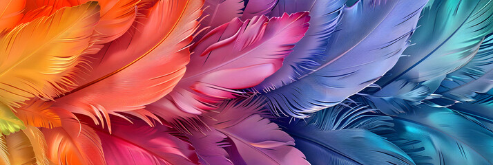 A close-up view of a collection of bright and varied feathers, showing their textures and colors. Abstract background of colorful feathers.