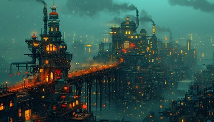 Craft a dreamlike urban environment that defies conventional perspectives Experiment with pixel art to create a whimsical cityscape filled with unexpected angles and quirky architecture Let the viewer
