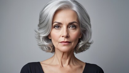 Portrait of a graceful senior woman with sophisticated silver hair and a contemplative look.