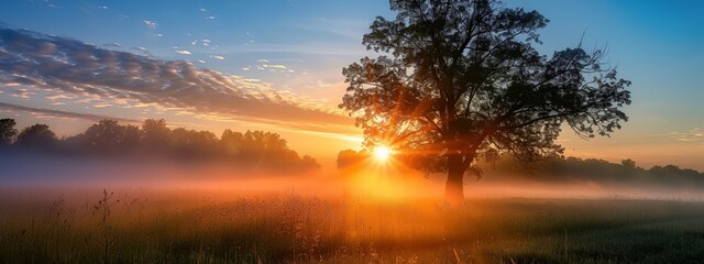 a tree in a field with the sun setting in the background