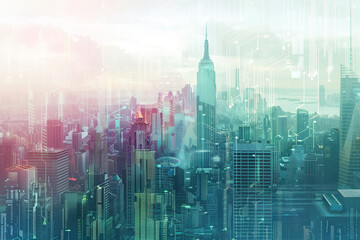 A cityscape with a tall building in the middle. The sky is a mix of colors, and the city appears to be in a futuristic setting