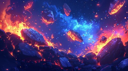 Vivid space scene with floating rocks and fire - obrazy, fototapety, plakaty