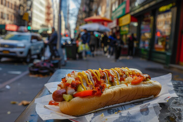 A hot dog with mustard and chili on a bun is sitting on a red and white paper wrapper. The hot dog is in a busy city street with cars and people walking by