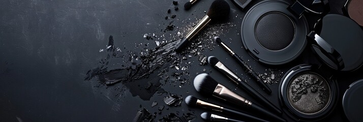 a collection of makeup brushes and eye shadows on a black surface - obrazy, fototapety, plakaty