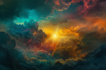 A colorful sky with a sun shining through the clouds. The sky is filled with clouds of different colors, creating a vibrant and dynamic scene. The sun is positioned in the middle of the sky - obrazy, fototapety, plakaty
